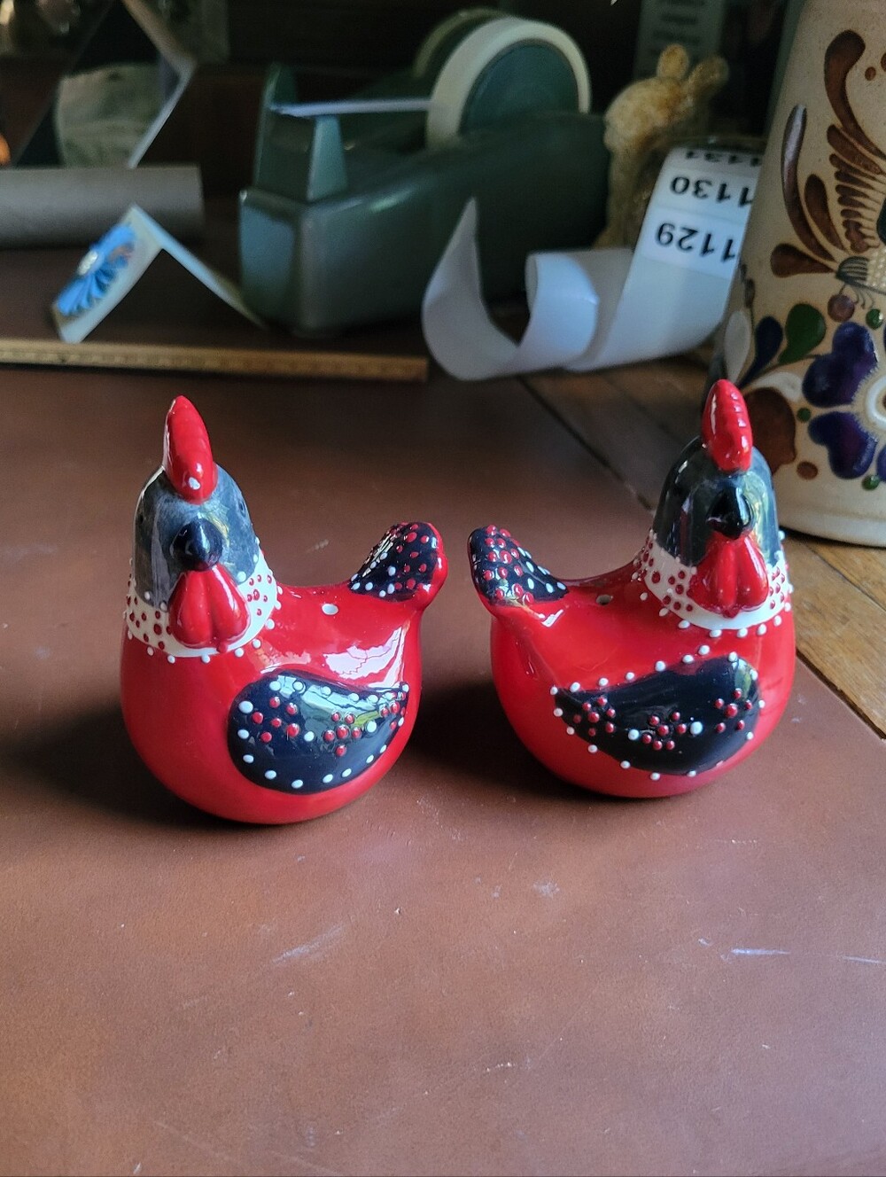 Ceramic Chicken Shaped Polka Dot Salt & Pepper Shakers Black White Red Set